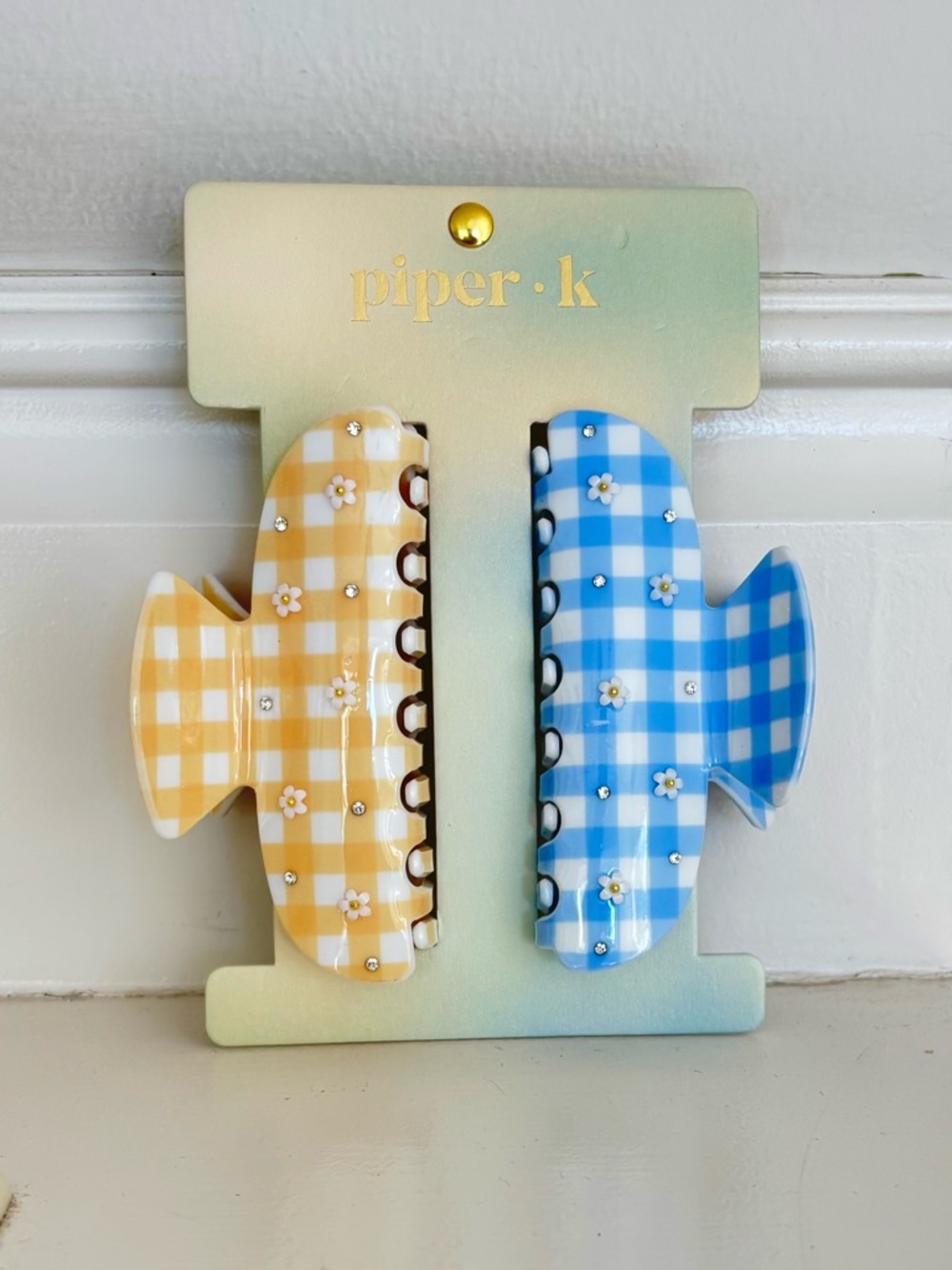 PIPER K Gingham Daisy Clip Set Choose Yellow & Blue OR Pink & Green